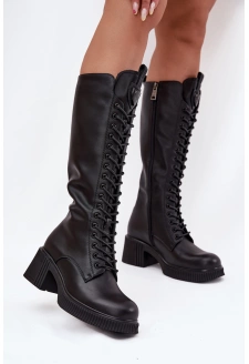 Skórzane Sznurowane Kozaki Na Klocku Ocieplane Vinceza 66804 Czarne