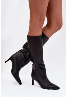 Kozaki Damskie Wsuwane Ocieplane Na Szpilce Czarne Olivienne