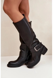 Ocieplane Kozaki Damskie Na Klocku Z Klamrą Czarne Raphaela