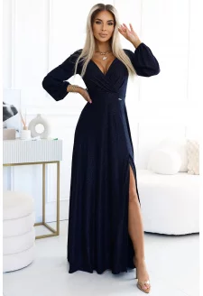 572-1 NELA połyskująca długa suknia z dekoltem i długim rękawkiem - GRANATOWA