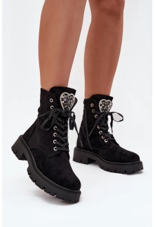 Botki Workery Z Biżuteryjną Ozdobą Ocieplane Eko Zamszowe Czarne Miryssa
