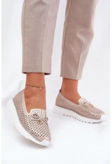 Skórzane Ażurowe Półbuty Damskie Z Naturalnej Skóry D&A LR51-631 Złote