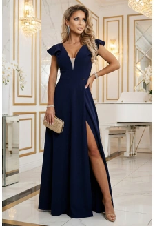 660-1 Elegancka sukienka maxi z falbankami, głębokim dekoltem i rozcięciem na nodze - granatowa