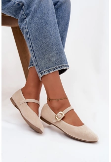 Baleriny Z Paskiem I Złotą Klamrą Eko Zamszowe Jasnobeżowe Adelora