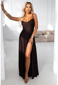 646-1 Długa sukienka wieczorowa na ramiączkach z rozcięciem na nodze - czekoladowy brąz