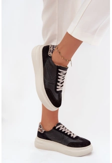 Skórzane Sneakersy Damskie Na Platformie Panterka Zazoo N1263 Czarne