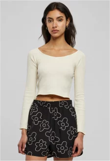 Ladies Short Rib Wide V-Neck Longsleeve whitesand