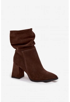 Botki Z Naturalnego Zamszu Ocieplane Na Słupku Z Marszczeniem Zazoo 4216 Czekoladowe