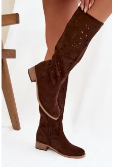 Ażurowe Kozaki Damskie Na Klocku Czekoladowe Helinna