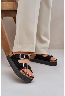 Klapki Damskie Na Masywnej Platformie Z Klamrami Czarne Aramia