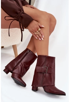 Ocieplane Botki Na Słupku Z Wywiniętą Cholewką I Klamrą Bordowe Ylenara