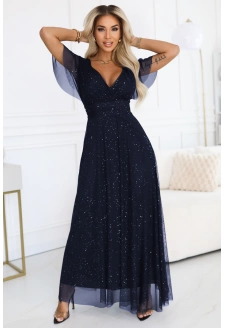 635-3 MELANIA długa błyszcząca suknia z dekoltem i krótkim rękawkiem - granatowa