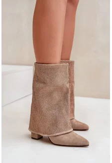 Zdobione Błyszczące Botki Z Wywiniętą Cholewką Na Słupku Ocieplane Beżowe Xistaria
