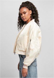 Ladies Short Oversized Satin Bomber Jacket whitesand