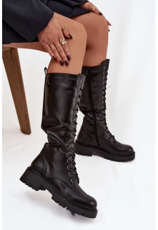 Ocieplane Sznurowane Kozaki Glany Damskie Czarne Novissa