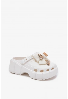 Klapki Dziecięce Dziewczęce Piankowe Z Kokardką I Ozdobami Białe Selvana