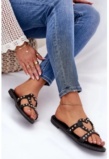 Zdobione Płaskie Klapki Damskie Czarne Adivrae