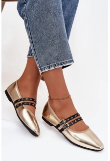 Baleriny Damskie Z Paskami Złote Deliora