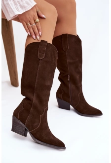 Skórzane Zamszowe Kozaki Kowbojki Damskie Ocieplane Czekoladowe Urselle