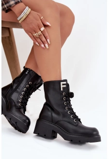 Botki Workery Damskie Na Klocku Ocieplane Z Literą F Czarne Lurina