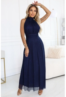 636-2 VERONICA luksusowa długa suknia z brokatowym akcentem i szykownym krojem - granatowa