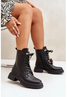 Eko Skórzane Botki Workery Damskie Z Przypinkami Czarne Rianael