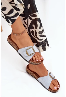 Klapki Damskie Z Klamrą Na Korkowej Platformie Niebieskie Zavira