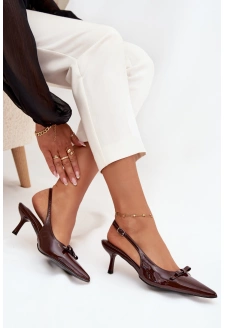 Lakierowane Czółenka Na Szpilce Z Kokardką Czekoladowe Olvena