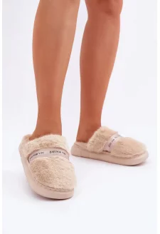 Futrzane Kapcie Z Ozdobnym Paskiem Beżowe Savalithea