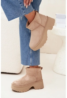 Śniegowce Damskie Niskie Wsuwane Ocieplane Futerkiem Khaki Mavelle