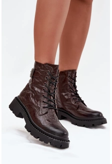Skórzane Botki Damskie Z Efektem Marszczenia I Klamrą Artiker 57C1007 Czekoladowe