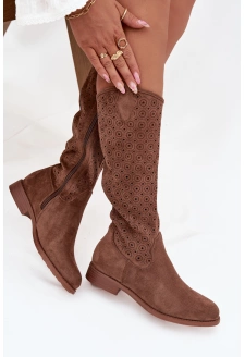 Kozaki Damskie Na Płaskim Obcasie Z Ażurowym Wzorem S.Barski HY52-531 Brązowe
