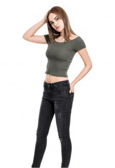 Ladies Off Shoulder Rib Tee olive