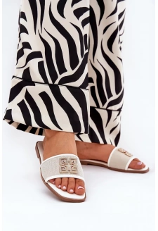 Eleganckie Klapki Damskie Z Ozdobą Na Płaskim Obcasie Białe Lovehia