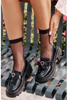 Skórzane Damskie Mokasyny Z Kokardką I Sercem D&A LZ42-032 Czarne