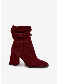 Botki Z Naturalnego Zamszu Ocieplane Na Słupku Z Marszczeniem Zazoo 4216 Bordowe