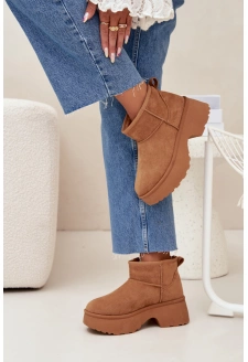 Śniegowce Damskie Niskie Wsuwane Ocieplane Futerkiem Camel Mavelle