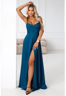646-2 Długa sukienka wieczorowa na ramiączkach z rozcięciem na nodze - morska