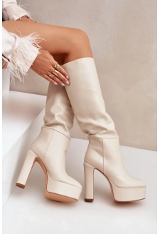 Kozaki Na Słupku I Platformie Z Eko Skóry Jasnobeżowe Felilorn