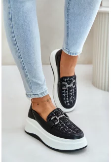 Skórzane Mokasyny Damskie Na Platformie Z Ozdobą Vinceza 89105 Czarne