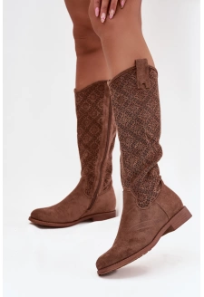 Kozaki Damskie Ażurowe Na Płaskim Obcasie S.Barski HY52-534 Brązowe