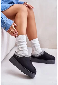 Śniegowce Damskie Na Platformie Ocieplane Futerkiem Czarne Remenia