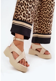 Sandały Damskie Na Platformie I Koturnie Eko Skórzane Beżowe Tenzorus