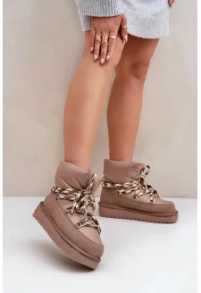 Zamszowe Śniegowce Damskie Z Grubym Sznurowaniem D.Franklin DFSH375003 Taupe