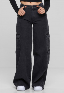 Ladies Mid Waist Cargo Denim Pants black charcoal washed