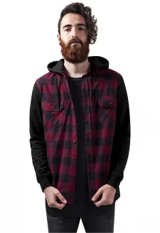 Hooded Checked Flanell Sweat Sleeve Shirt blk/burgundy/blk