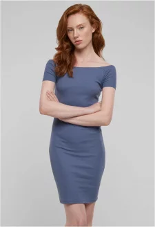 Ladies Off Shoulder Rib Dress vintageblue