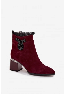 Zamszowe Skórzane Botki Damskie Na Słupku Z Ozdobą Ocieplane D&A MR52-127 Bordowe