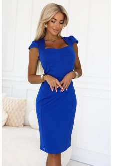 318-9 Elegancka sukienka midi z ładnym dekoltem i krótkim rękawkiem - kolor chabrowy