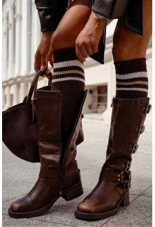 Podkolanówki Damskie W Prążek Z Paskami Czekoladowe